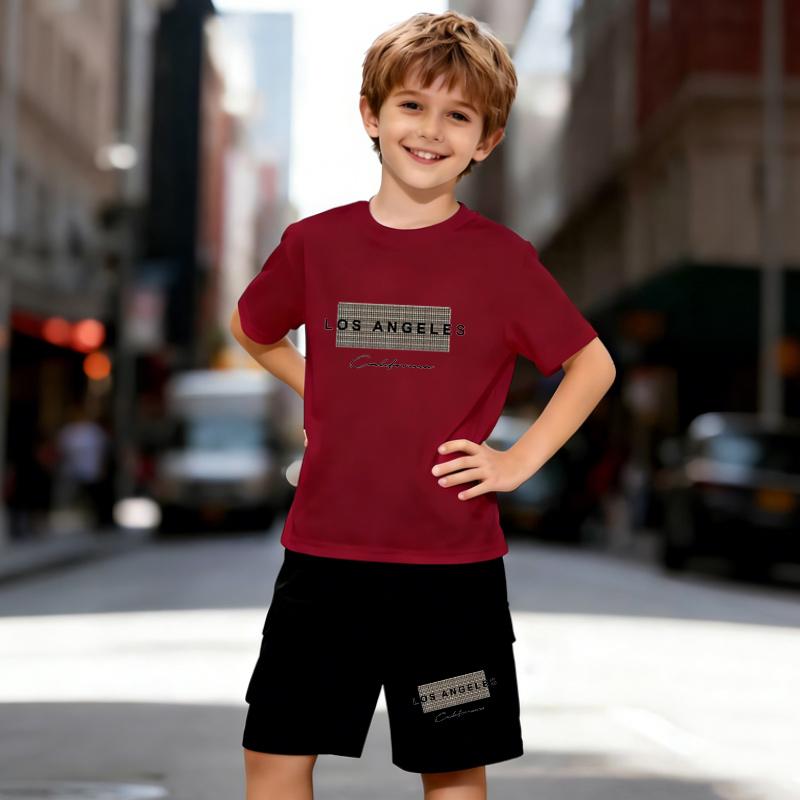Boys 2 Piece Los Angeles Letter Print Outfit, Short Sleeve T-Shirt and Shorts Set for Kids Age 5-14, Black and White Sporty Casual Summer Clothes