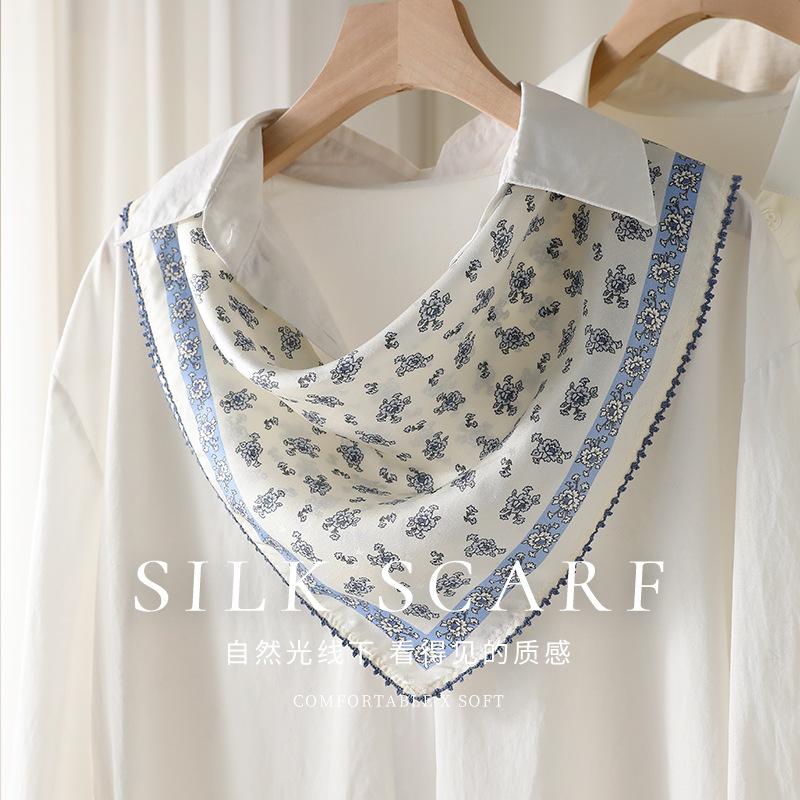 French retro blue silk square scarf 16 mmi small silk scarf gentle wind commuter accessories multi-purpose headscarf