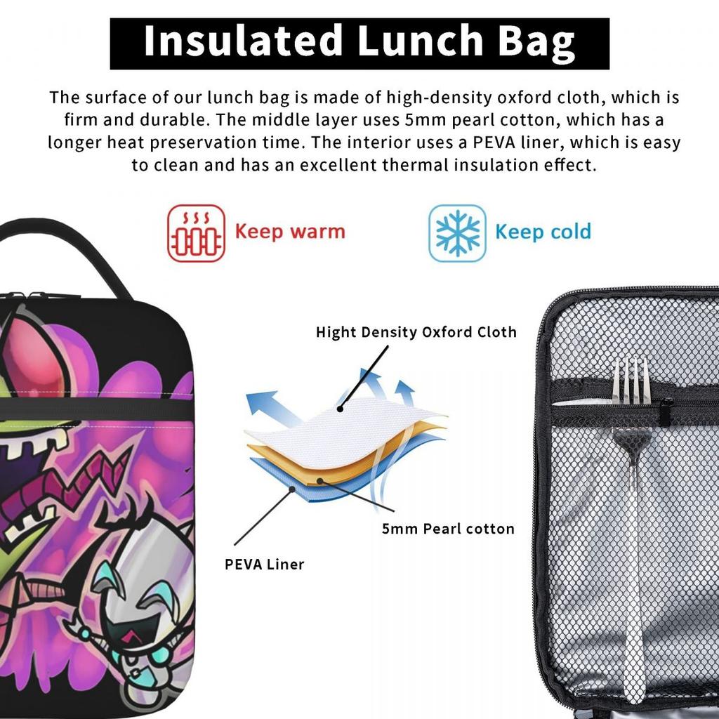 Gir Invader Zim Anime Insulated Lunch Bag for Women Children Portable Food Boxes Thermal Lunch Box Tote