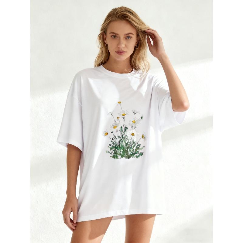 Oversized T Shirt Black Daisy Flower Print Casual Wear For Women Summer Outfit Streetwear Fashion Top Boho Style Graphic Tee