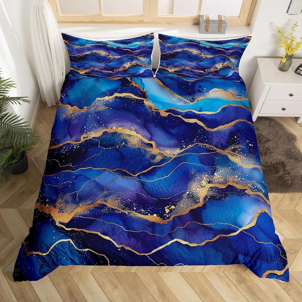 Marble Duvet Cover Twin, Gold Glitter Abstract Marbling Bedding Set Watercolor Stone Marble Texture Comforter Cover, Aqua Blue