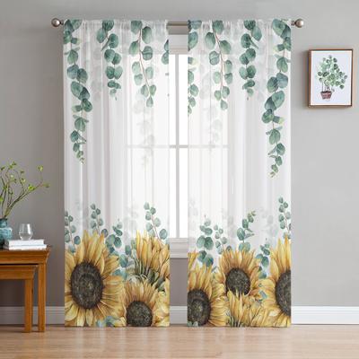 Eukalyptusblätter, Sonnenblumen, durchsichtige Vorhänge, Fensterdekorationen, Voile-Tüll-Vorhänge für Wohnzimmer, Schlafzimmer, Küche