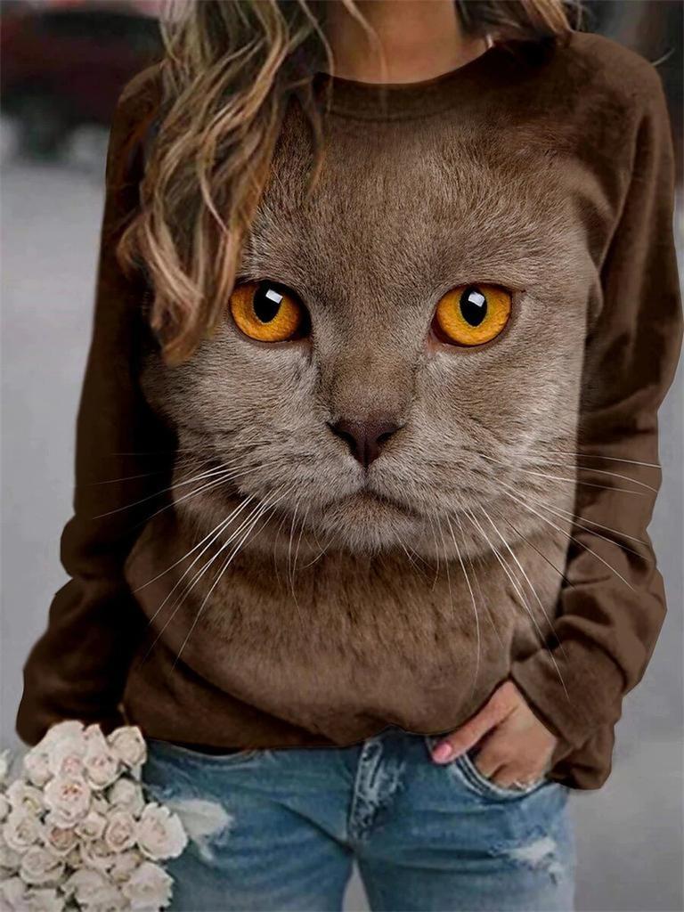 Cute Cat Printed Long Sleeved T-shirt