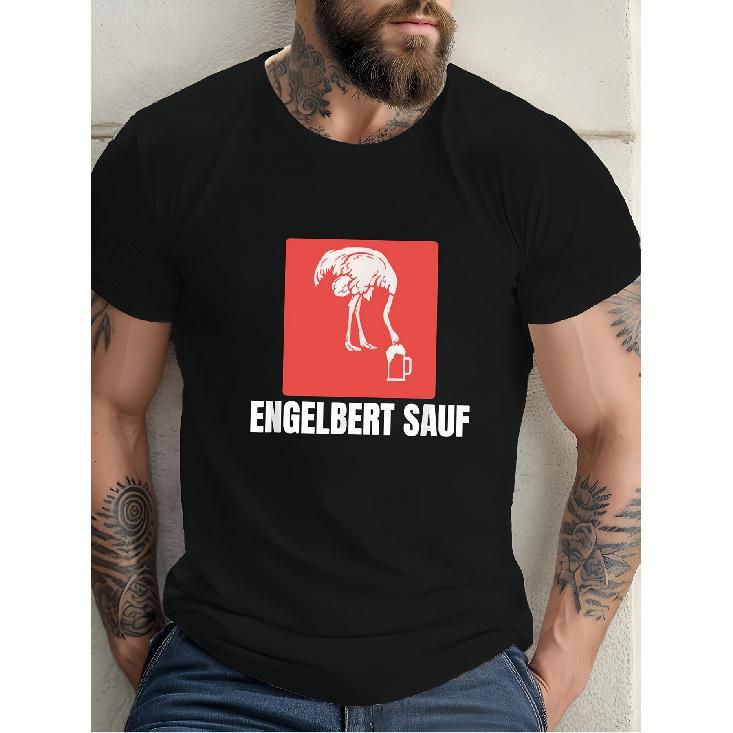 Herren schwarzes Kurzarm-T-Shirt mit lustigem Engelbert Sauf-Grafik, Rundhalsausschnitt, lockere Passform, weiches Baumwollgefühl, perfekt für Freizeitkleidung oder Bierliebhaber