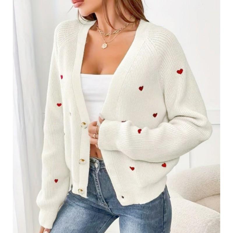 Womens V-Neck Knit Cardigan With Heart Embroidery Winter Lightweight Open Front Sweater