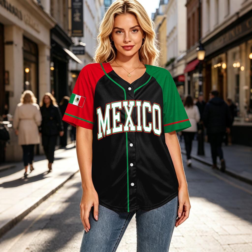 Women's Mexico Soccer Jersey Baseball Shirt Button Down Short Sleeve Lightweight Casual Top for Outdoor Sports and Daily Wear