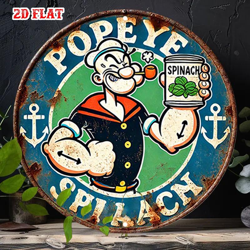 D Flat Vintage Popeye the Sailor Man Spinach Can Retro Round Metal Tin Sign  Classic Cartoon Themed Wall Decor Distressed P 20x20cm(8x8inch)
