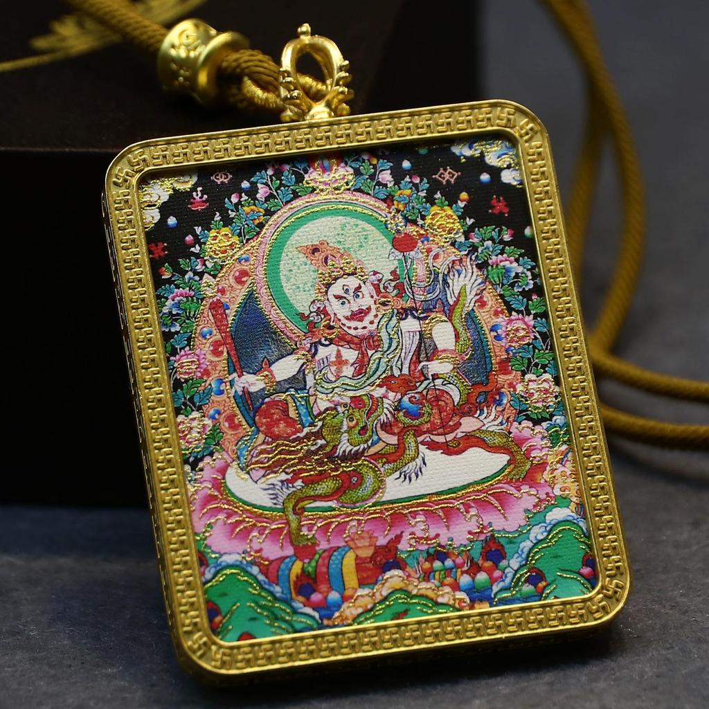 Yellow Jambhala Mahakala Thangka Pendant - Hand-painted Tibetan Gau with Eight Guardian Wealth Deities.