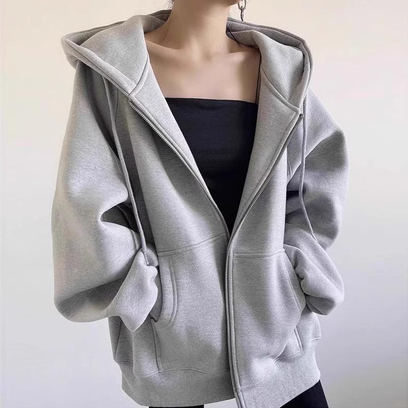 Solid Color Women's Hooded Fleece-Lined Cardigan Jacket - American Retro Lazy Style for 2025 Autumn/Winter