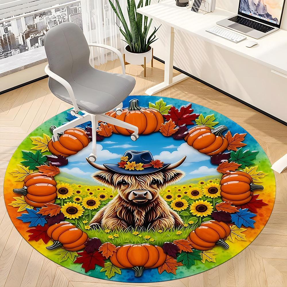 1pc Autumn Pumpkin Wreath Chair Carpet for Office, Round Polyester Mat, Indoor Decor for Office, Easycare Fabric, Washable Non-slip Area Carpet