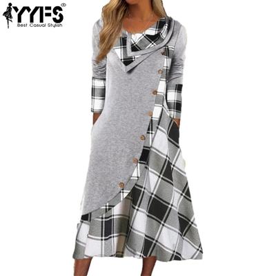 Women's Fashion Spring Fall Plaid Print Long Sleeve O-Neck Middle Waistline Casual Dresses