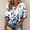 Women's Retro Floral Print Ruffle Three-Quarter Sleeve Blouse with Tie Neck