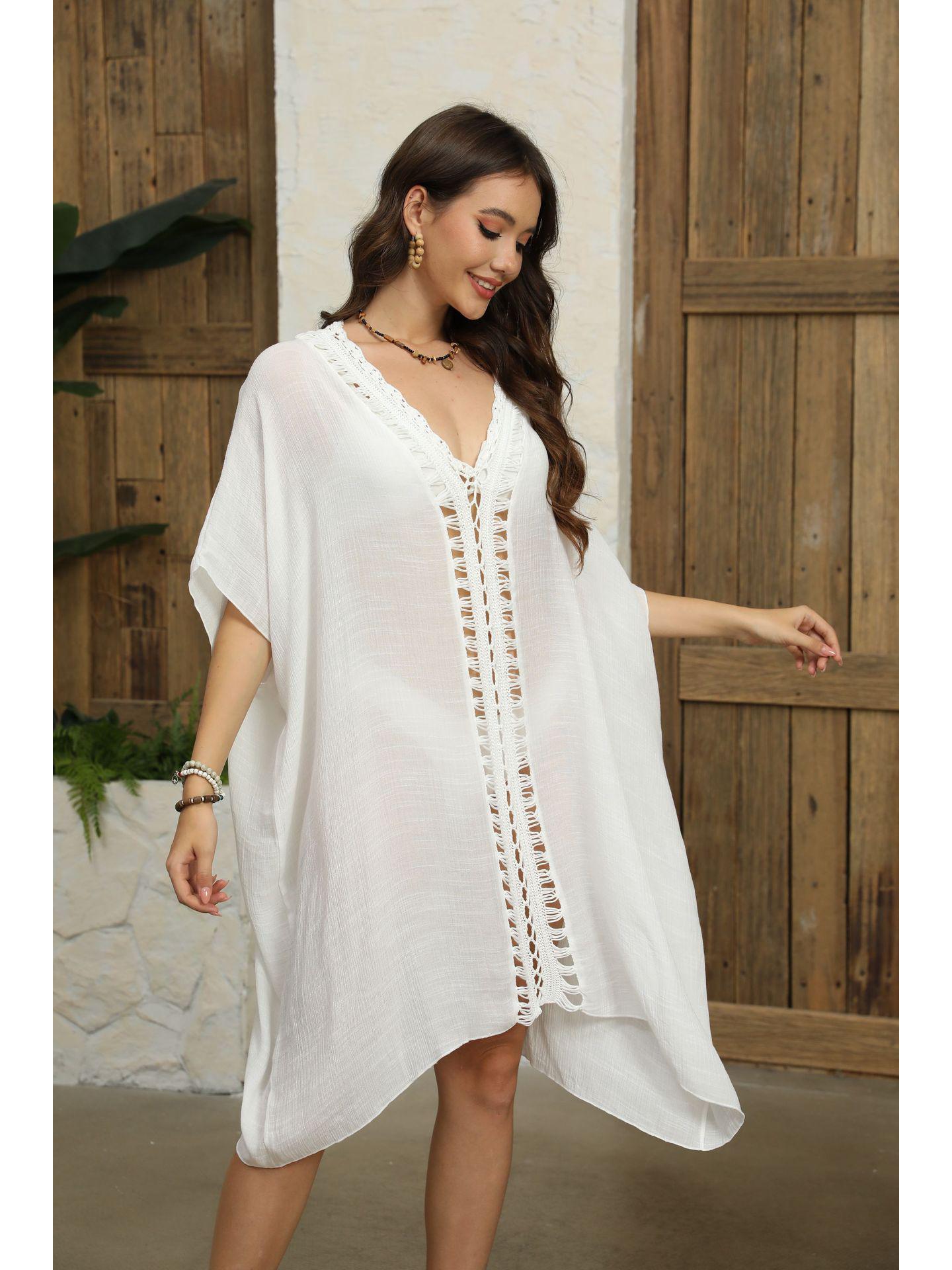 

Пляжная накидка ручной вязки крючком, пэчворк из кружева: Защита от солнца, Однотонный цвет, Свободный крой One Size белый