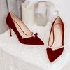 Wedding Shoes Women's White Satin Bow Pearl Bridesmaid Shoes Wine Red Bridal Shoes Women Heels Pumps