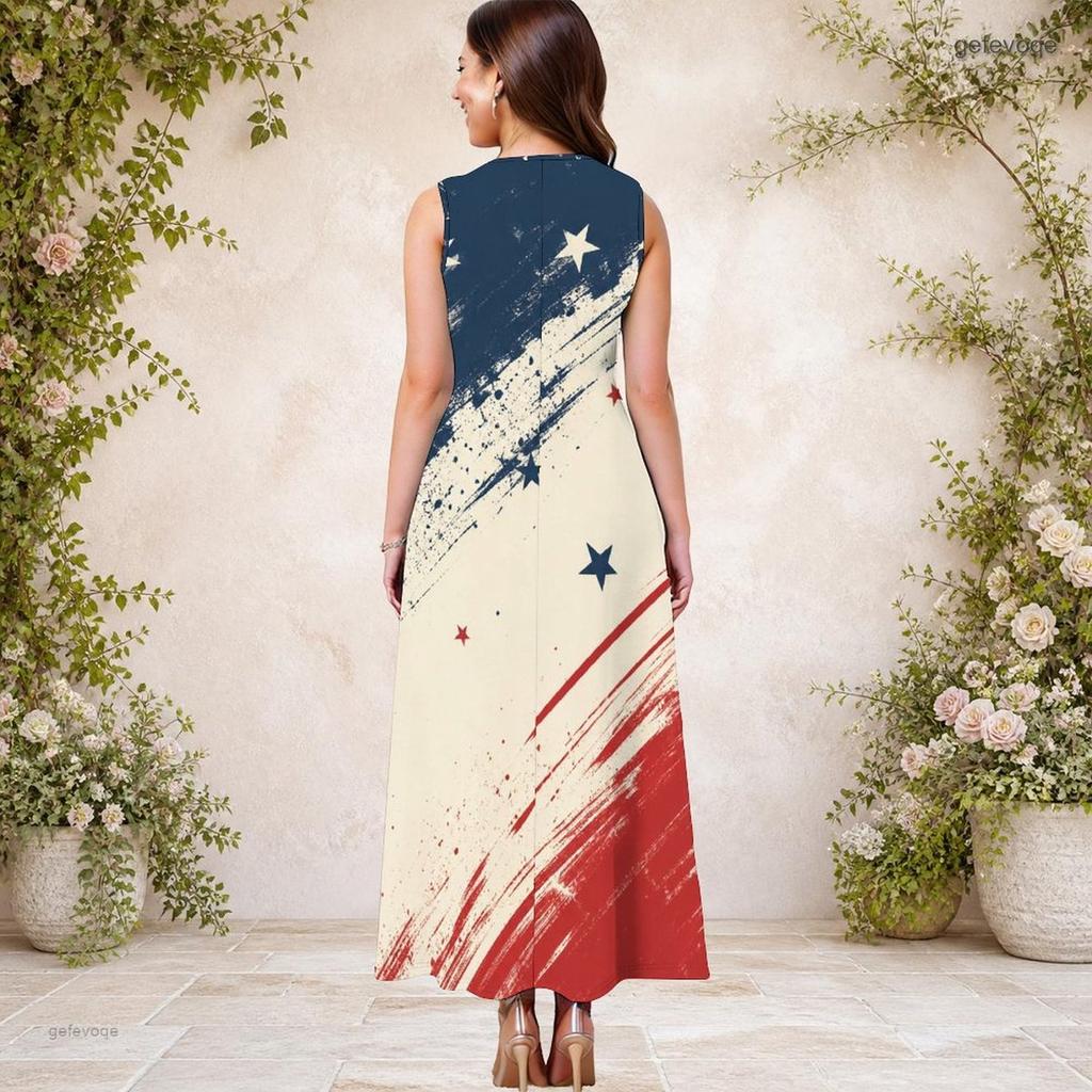 Women Plus Size Keyhole Neck Sleeveless Eagle Star Stripe Printed A Line Long Dress