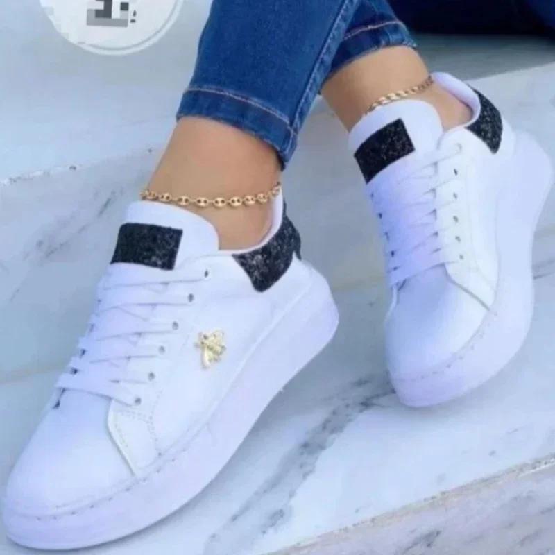 Women's Sneakers 2024 Fashion New Metal Decoration Thick Sole Tenis Feminino Outdoor Casual Lace-up Designer Skateboard Shoes