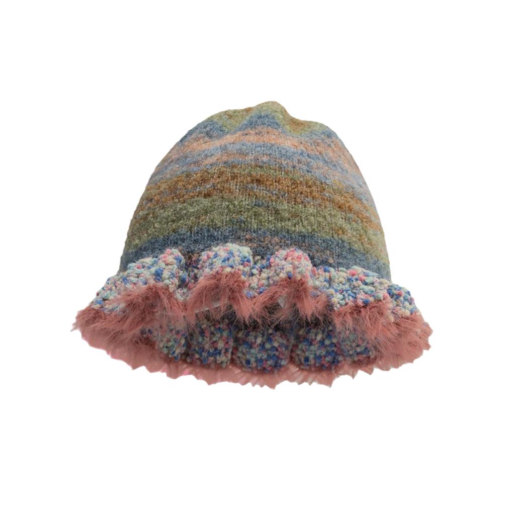 Handmade Knit Striped Bucket Hat for Woman Weaving Striped Plush Floppy Bucket Hat Adult Teens Winter Fisherman Cap