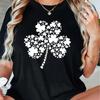 Women's Clover Print T-Shirt - Casual Sporty Round Neck, Short Sleeve Top for Spring Summer, Stretchy Polyester Blend, Machine W