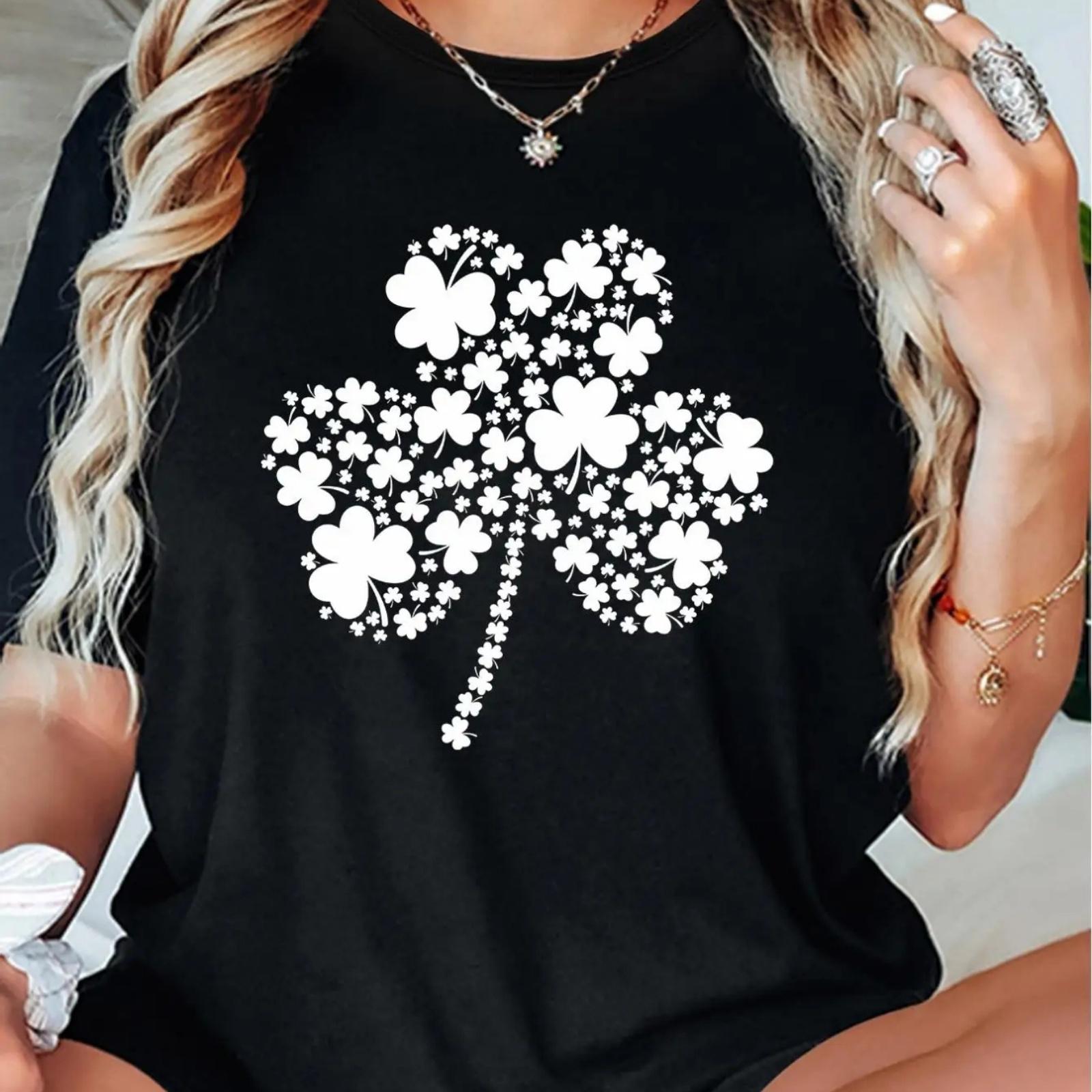 

Women s Clover Print T-Shirt - Casual Sporty Round Neck, Short Sleeve Top for Spring Summer, Stretchy Polyester Blend, Machine W XXXXXL чорний
