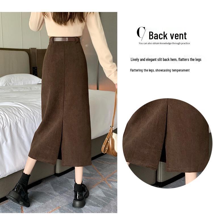 Dámská manšestrová retro podzimní/zimní zeštíhlující rovná sukně se zadním rozparkem