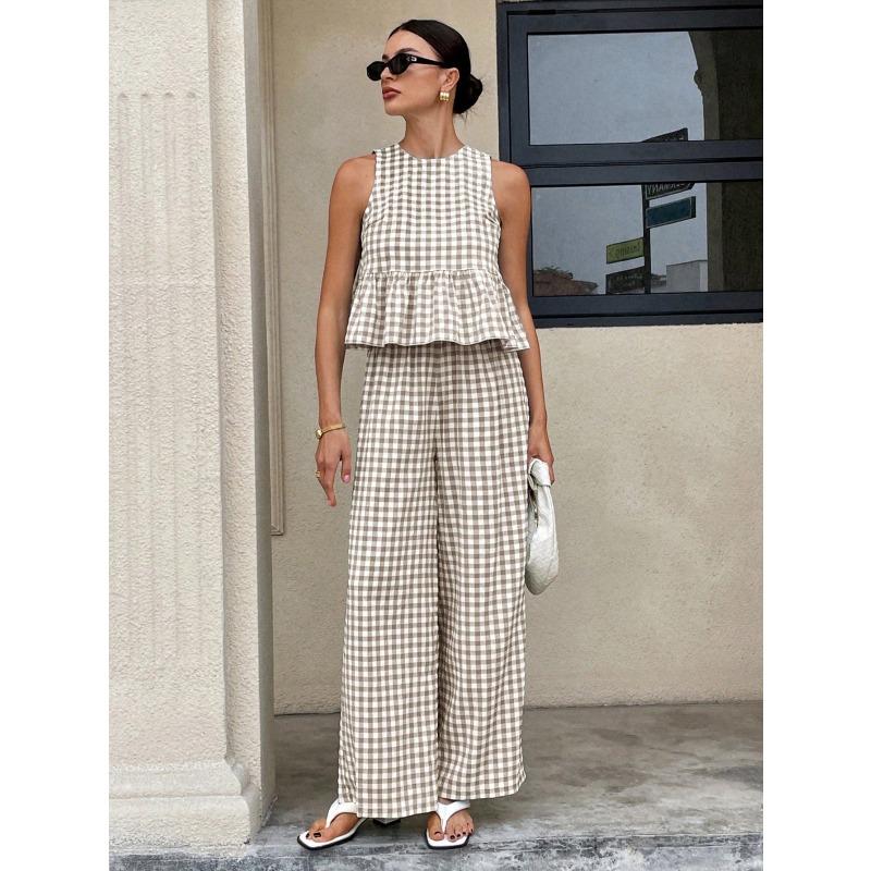 

JKASHDK Женская Мода Повседневный Летний Весенний Клетчатый Принт Без Рукавов Круглый Вырез Брюки Костюмы XL темно-коричневого