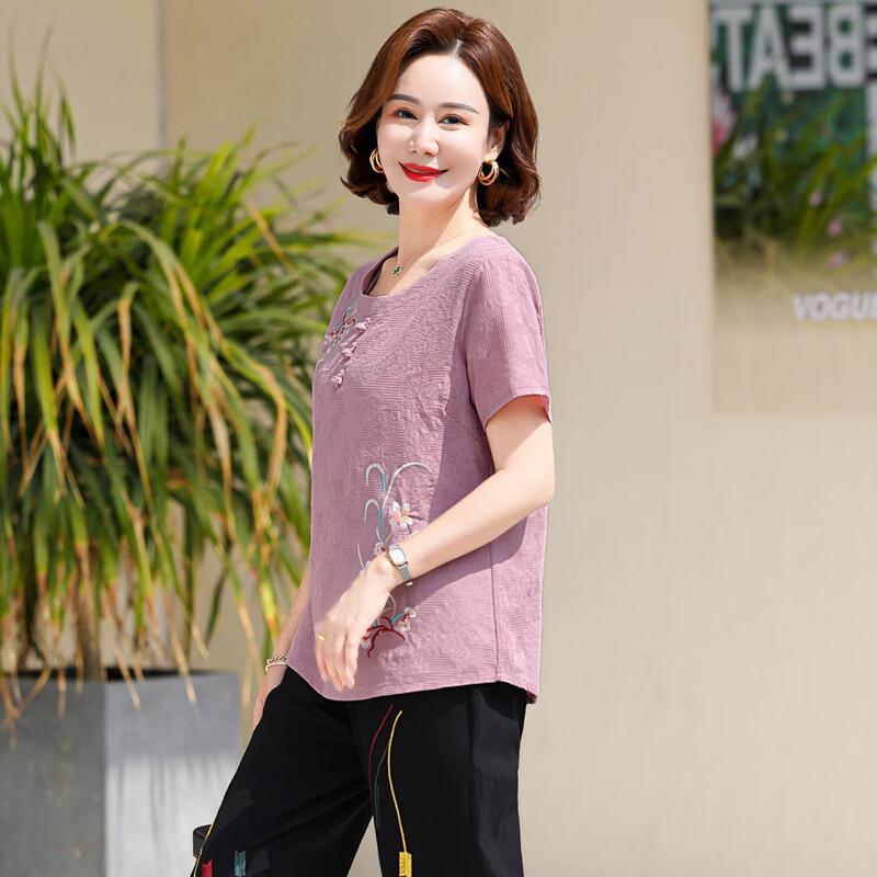 Elderly Women's Summer Cotton Linen Short-Sleeve Set