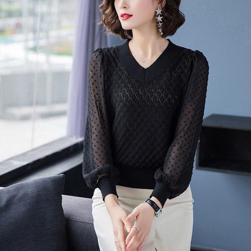 

Женский свитер свободного кроя с V-образным вырезом и открытым верхом, летний темперамент, трикотажная базовая рубашка из ледяного шелка 3XL чёрный