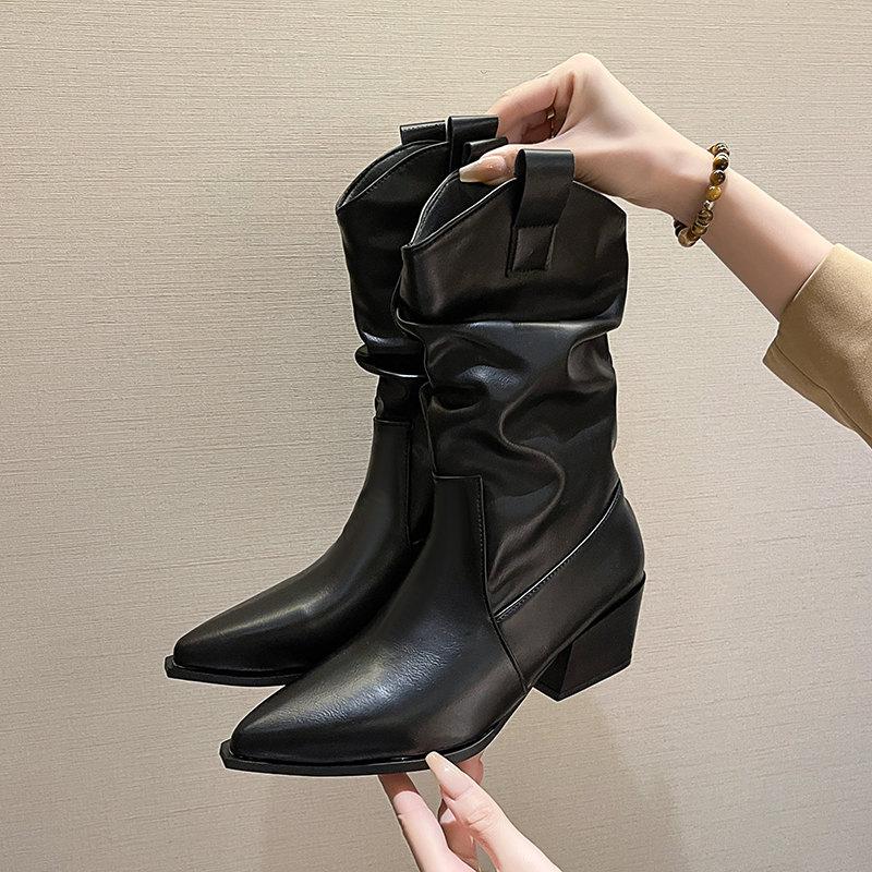 Fashion High Heels Mid Calf Pleated Boots Women Autumn Winter Vintage Brown Pu Leather Western Boots Woman Thick Heeled Botas Mujer