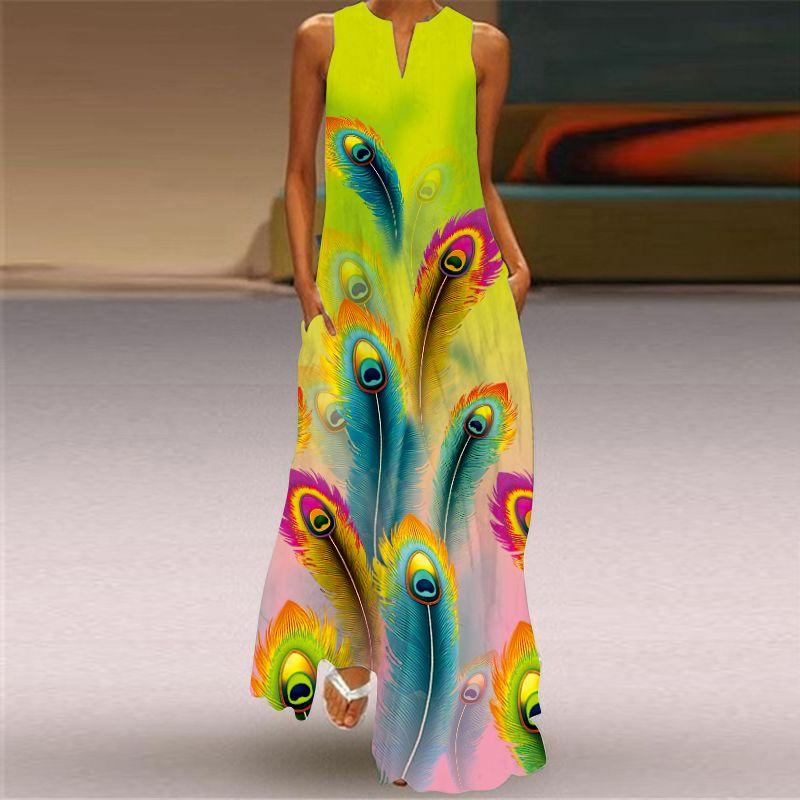 V-neck Dress Women's Fashion 3D Fashion Peacock Feather Print Loose Plus Size and Floor Skirt 2023 Sexy Beach Dress
