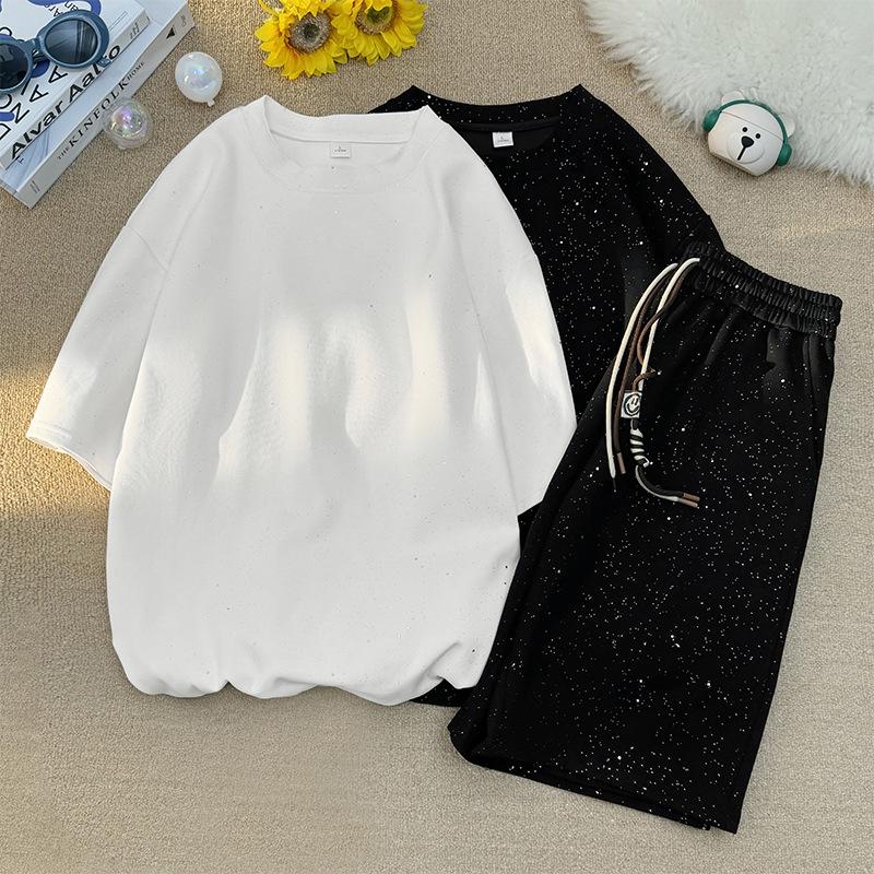 Completo Manica Corta Uomo Moda Diamante Scollo a O Maglietta a Manica Corta Larga Casual High Street Pantaloncini Neri con Coulisse