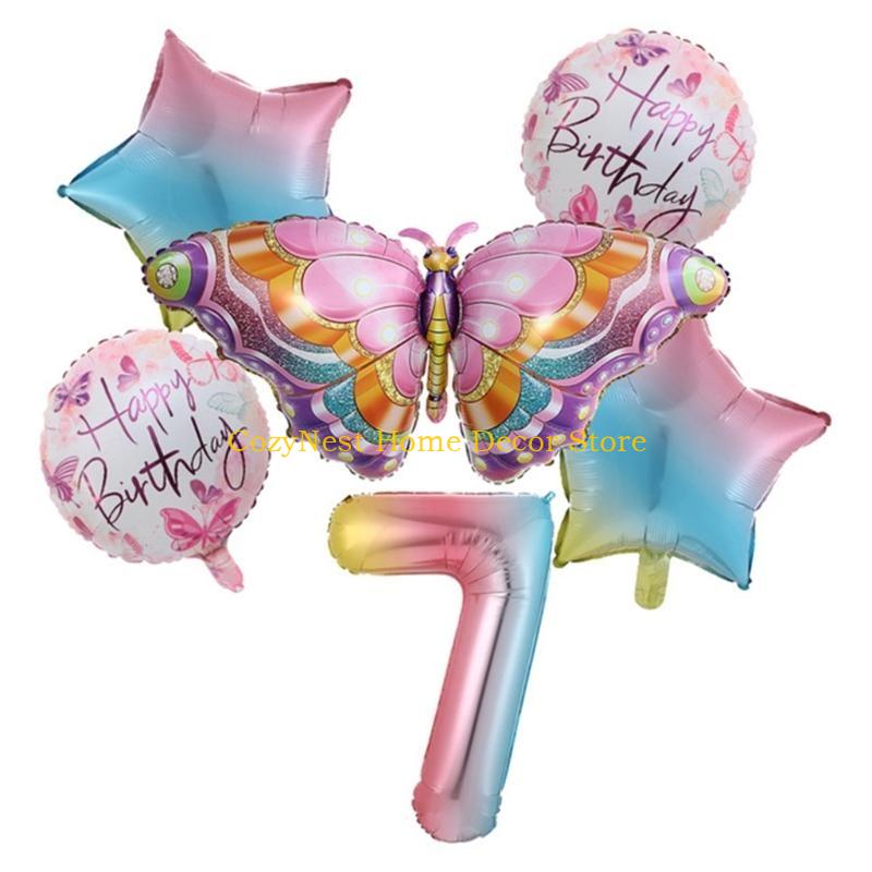 92MF Colorful Butterfly Balloon Set of 6 Aluminum Foil Number Balloon Happy-Birthday Decorations Baby Shower Party Supplies