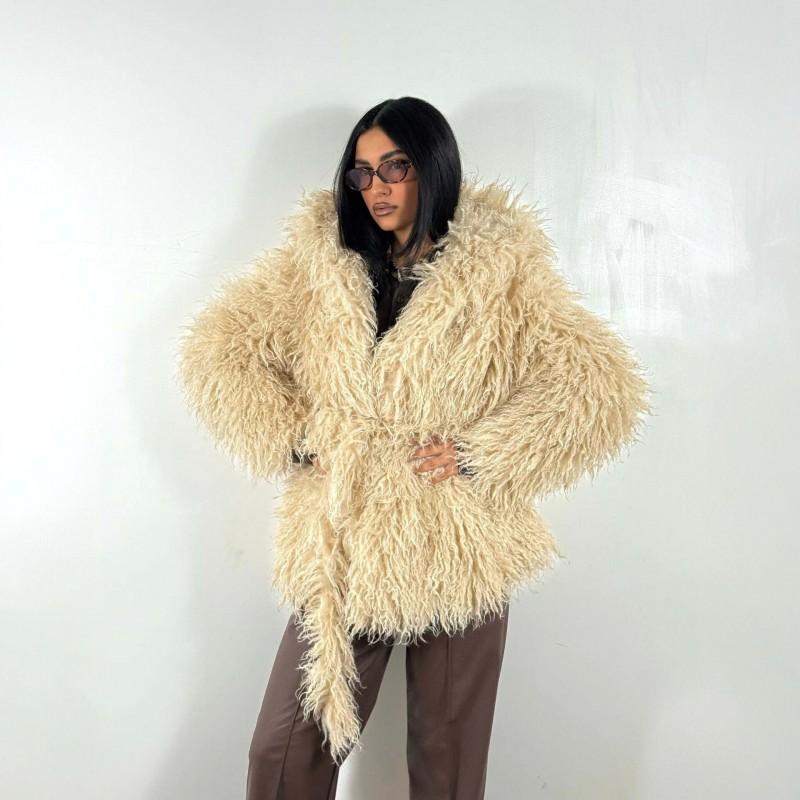 Womens Oversized Faux Fur Coat With Hood Longline Streetwear Winter Jacket In Beige Chocolate Wine Red
