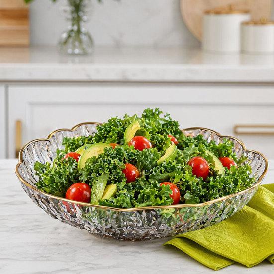 Plastic Fruit Bowl with Gold Trim, Clear Fruit Basket, Modern Decorative Serving Bowl for Kitchen Counter, Dining Room, Coffee Table