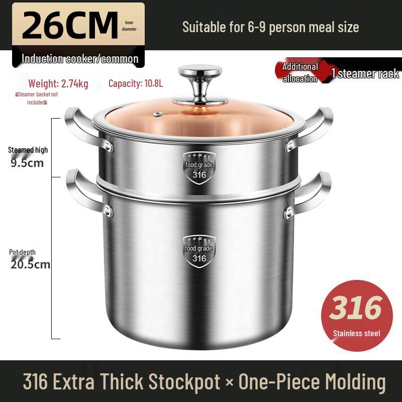 26cm 316 Stainless Steel Stockpot with Steamer