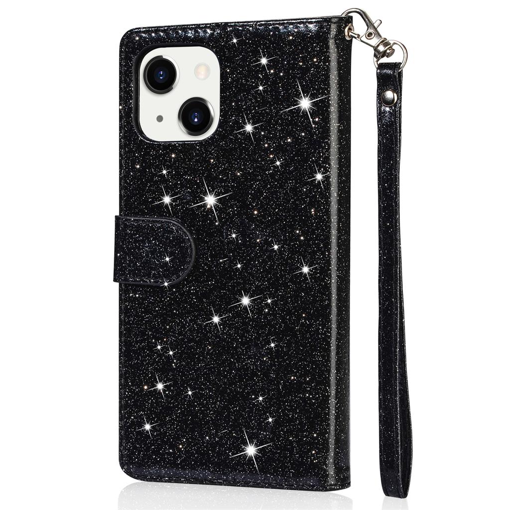 For iPhone 15 Glittery Zipper Pocket Leather Case Wallet Stand Anti-drop Phone Cover