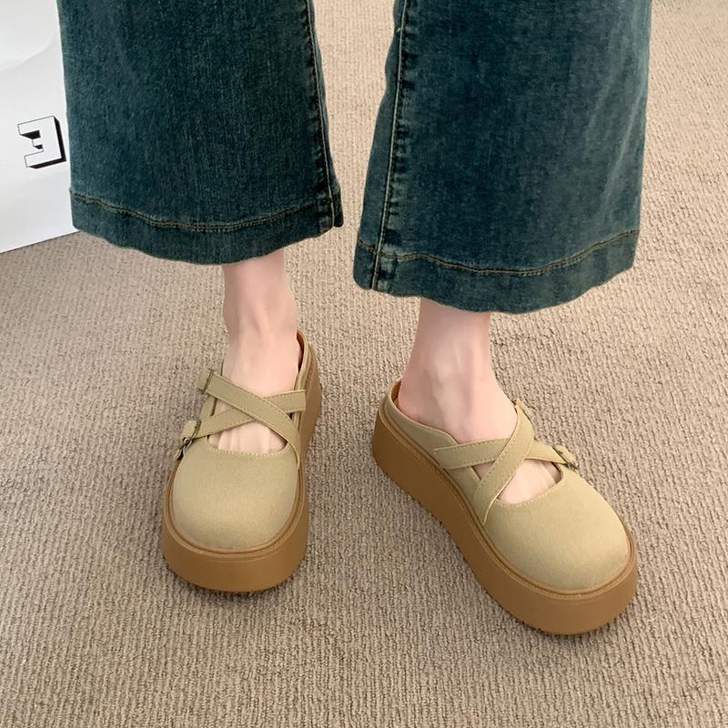 Women's Thick Bottom Baotou Slippers Spring New Round Head Shallow Mouth Belt Buckle Non-slip Flat Shoes