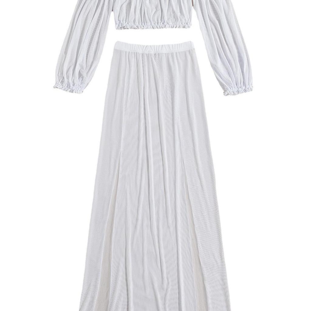 Women's European & American Off-Shoulder Swimsuit Cover-Up: Long Sleeve, High Slit Skirt, Two-Piece Set