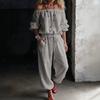 Womens Off Shoulder Long Sleeve Top Drawstring Waist Tapered Pants Two Piece Casual Outfit