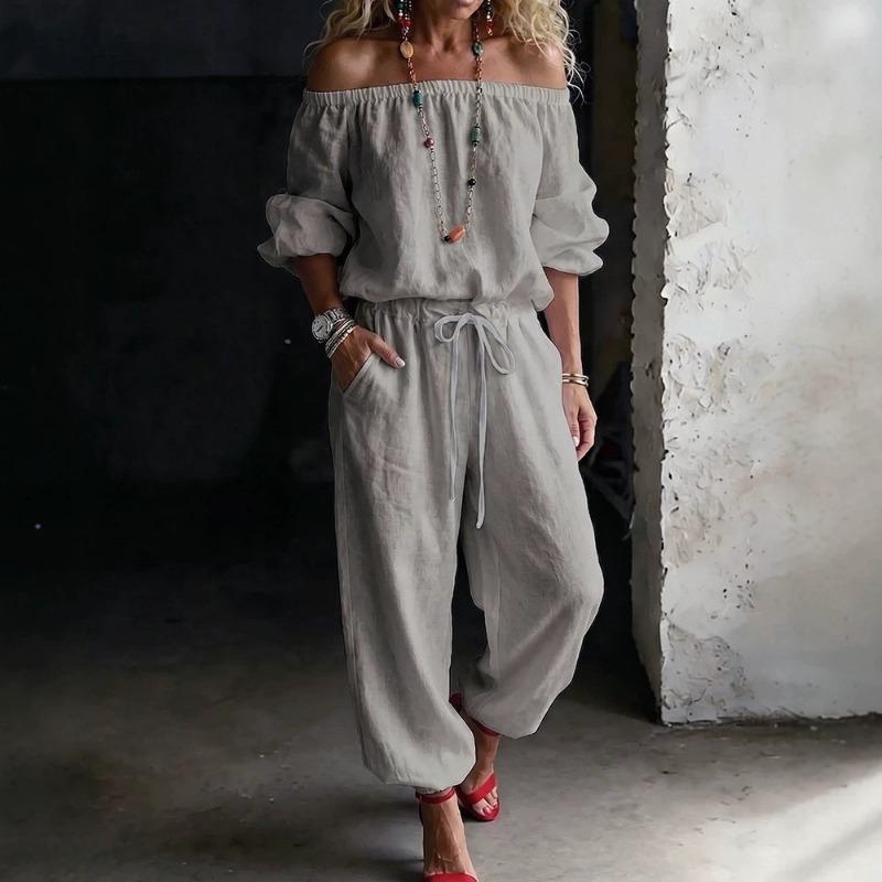 Womens Off Shoulder Long Sleeve Top Drawstring Waist Tapered Pants Two Piece Casual Outfit