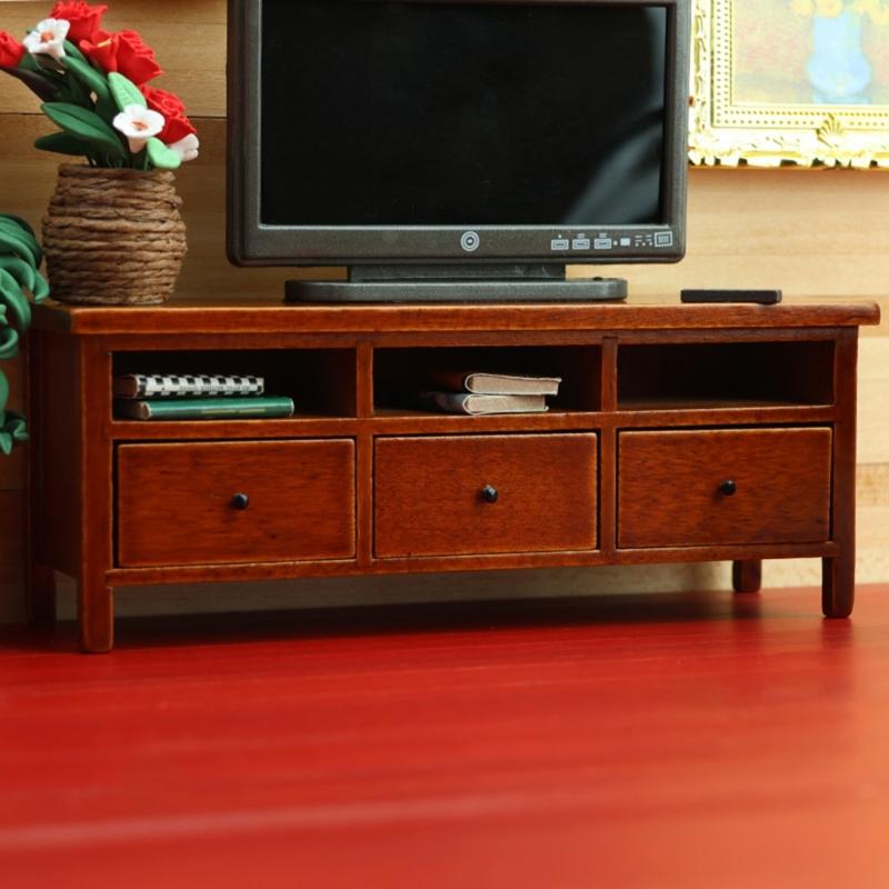 Miniature Wood TV Cabinet With Functional Drawer Doll House Living Room Scene Display Accessory Craft Model Furniture