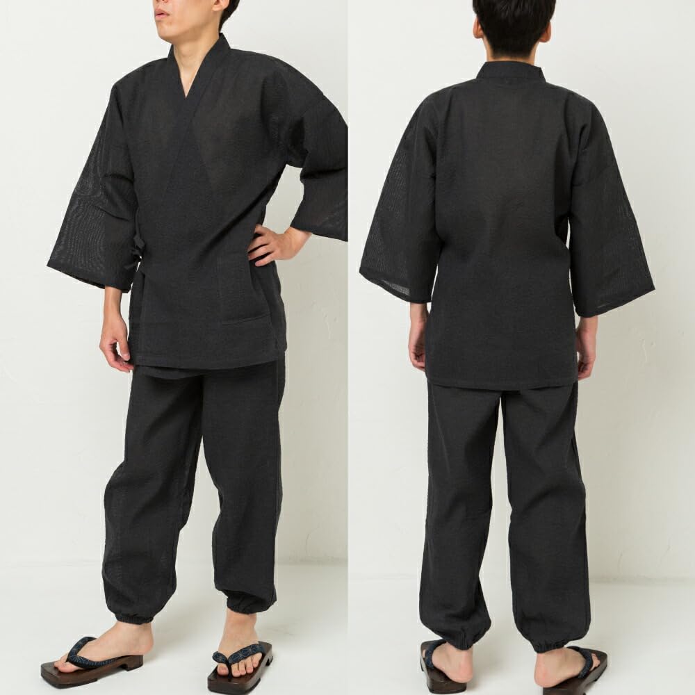 factory Top and Bottom Solid Summer Japanese Cool and Elastic Size Y's Men's Shijira-woven Samue/Jinbei Set, Color, 100% Cotton, Loungewear, Pajamas,