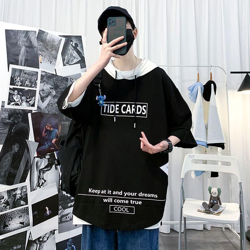 

Мужская летняя толстовка с капюшоном и короткими рукавами в свободном корейском стиле (Плюс Размер) XXXL чёрный