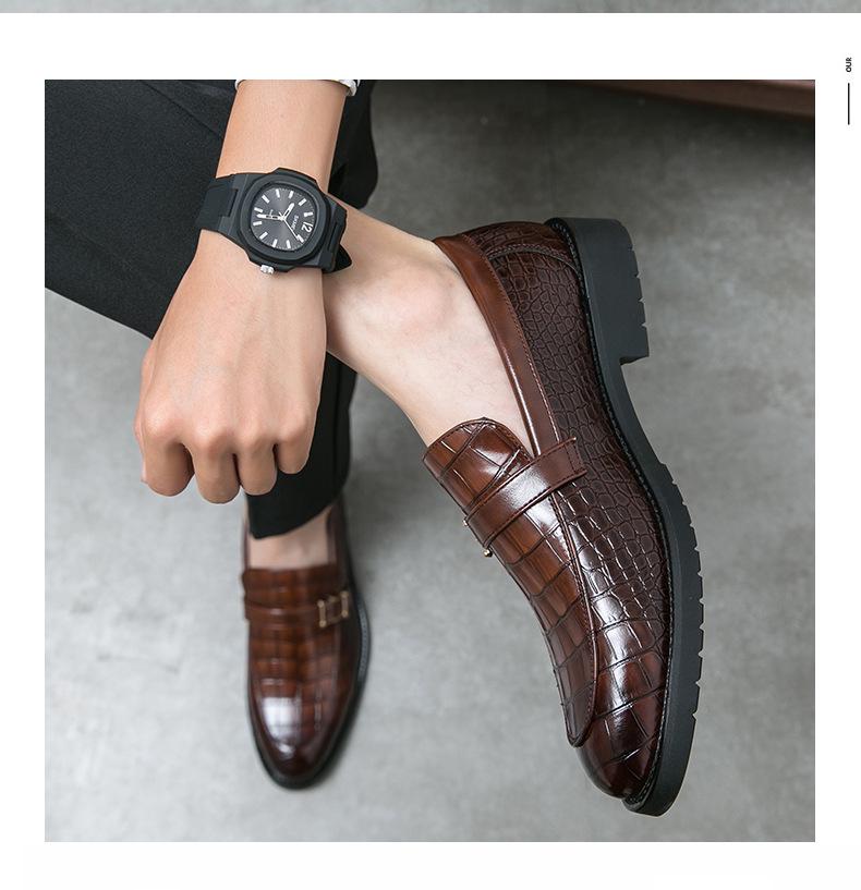 Men's Large Size Autumn Slip-on Leather Shoes, British Style Pointed Toe with Buckle