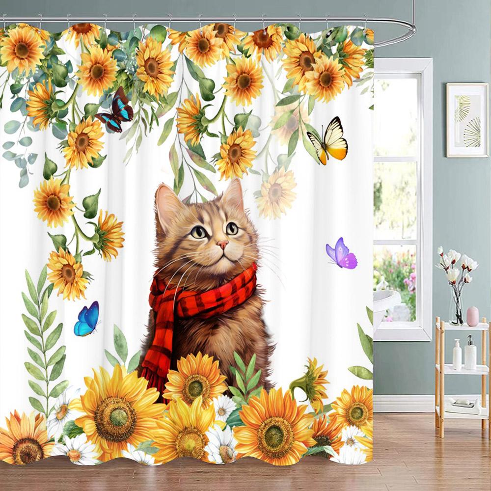 Funny Animal Shower Curtain Cute Cat in Flower with Butterfly Fluttering Polyester Fabric Washable Shower Curtain Bathroom Decor