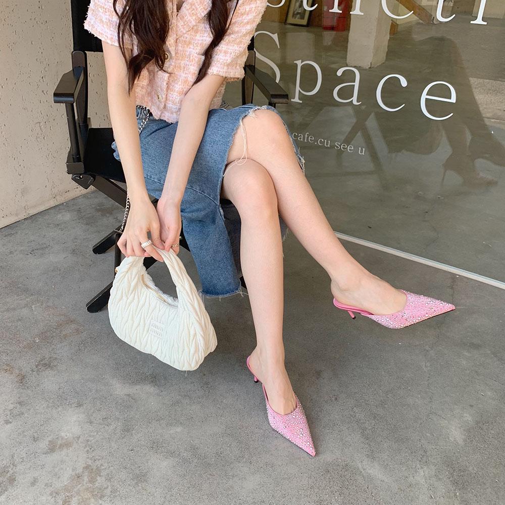 fashion Pointed Toe Women Sandals Slippers Black Pink White Shining Dress Shoes Thin High Heels 2024 New Arrivals Party Pumps Sexy Slide