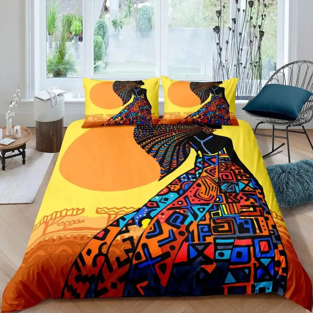 African Woman Duvet Cover Set Ethnic Afro Bedding Set African American Comforter Cover Orange Ancient Desert Bedspread