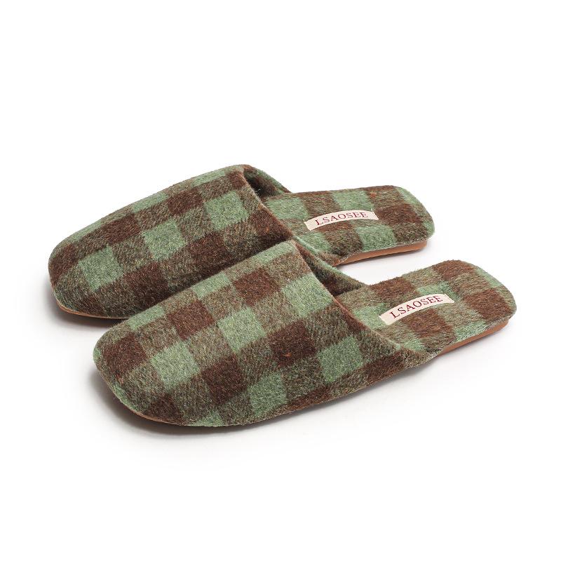 Women's Luxury Checkered Suede Fleece Slippers - Non-Slip Lightweight Tendon Sole