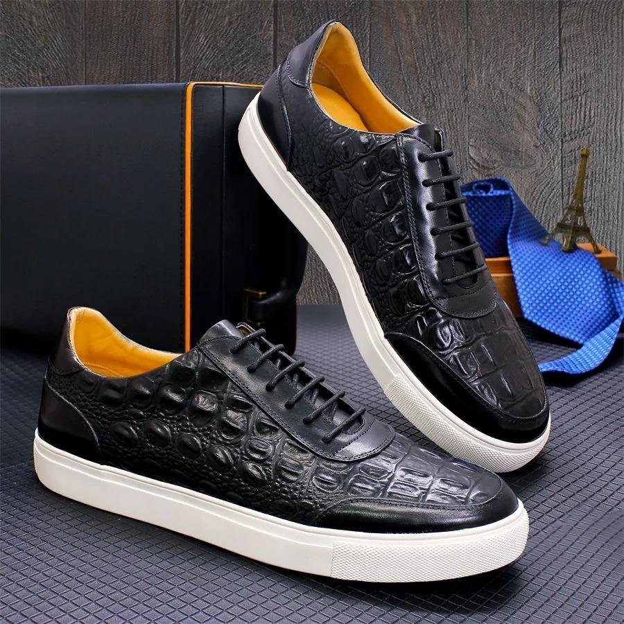 Fashion Luxury Purple Casual Leather Shoes Men's Cowhand Crocodile Embossed Purple Black Men's Plate-size Sneakers Zapatos Sapat A34