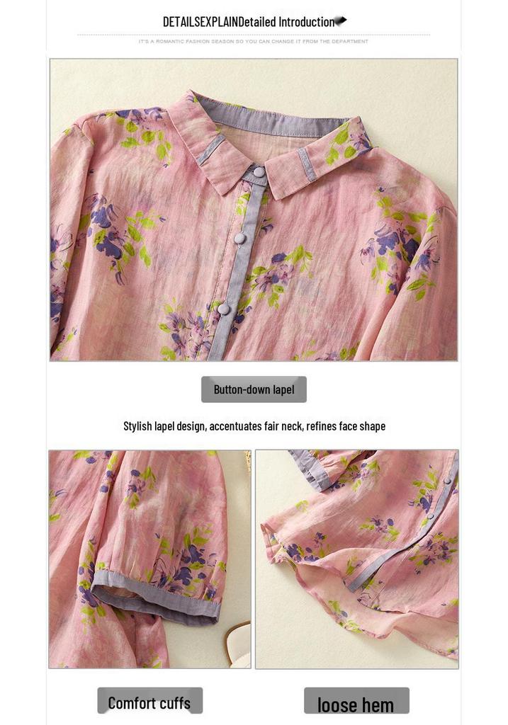 Chemise Casual Lâche Artistique Rétro à Manches Cinq-Quarts pour Femme 2025