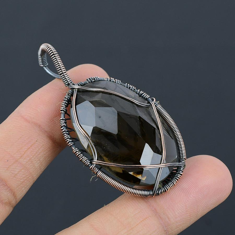 Natural Tree Of Life Smoky Topaz Gemstone Copper Wire Wrap Pendant 2.36" I3h21